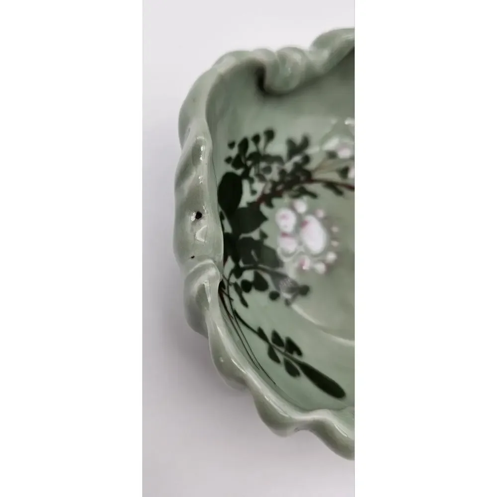 Antique Japanese Meiji Celadon Porcelain Brush Washer Cherry Blossoms